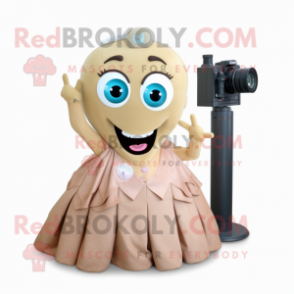 Tan Camera mascot costume character dressed with a Ball Gown and Backpacks