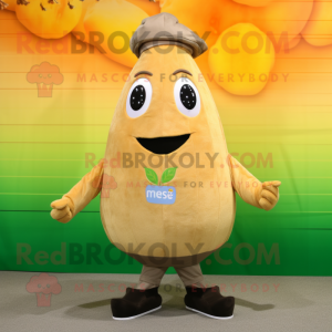 Beige Mango mascot costume character dressed with a Vest and Shoe laces