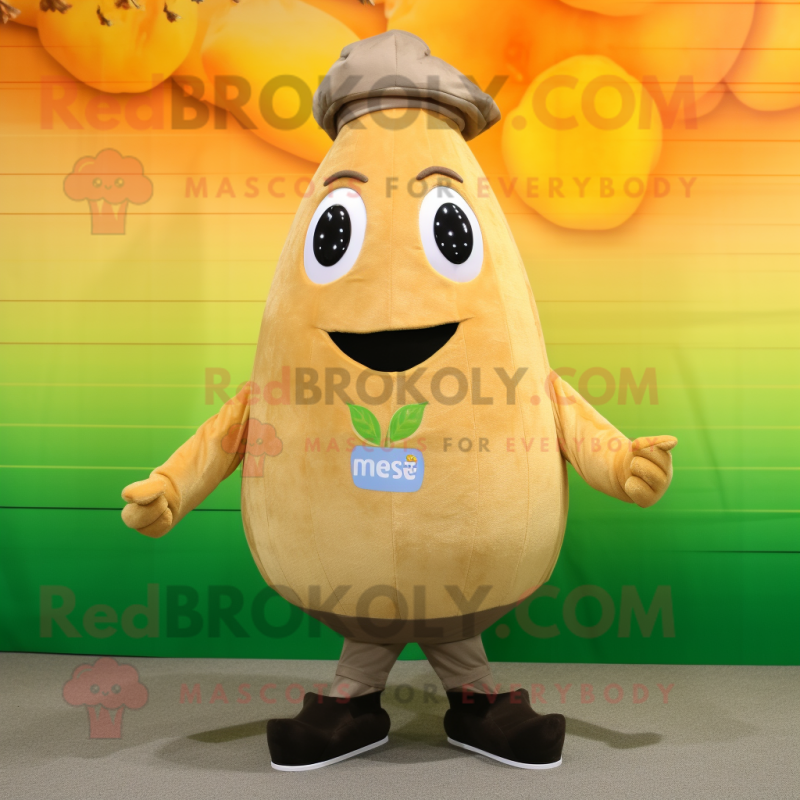 Beige Mango mascot costume character dressed with a Vest and Shoe laces Beige Mango mascot costume character dressed with a Vest and Shoe laces