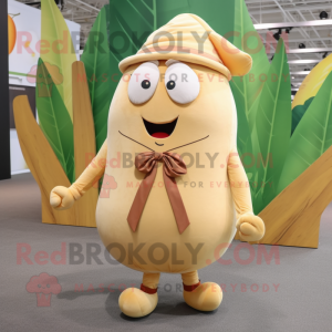 Beige Mango mascot costume character dressed with a Vest and Shoe laces