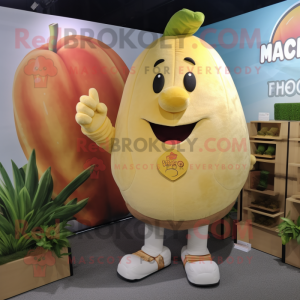 Beige Mango mascot costume character dressed with a Vest and Shoe laces