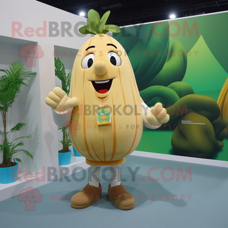 Beige Mango mascot costume character dressed with a Vest and Shoe laces Beige Mango mascot costume character dressed with a Vest and Shoe laces