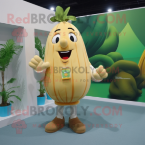 Beige Mango mascot costume character dressed with a Vest and Shoe laces