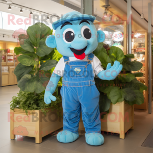 Sky Blue Spinach mascot costume character dressed with a Dungarees and Brooches