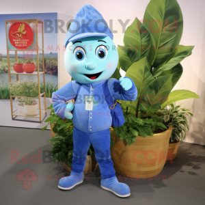 Sky Blue Spinach mascot costume character dressed with a Dungarees and Brooches