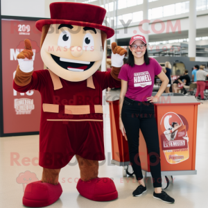 Maroon Fire Eater mascot costume character dressed with a Mom Jeans and Tote bags