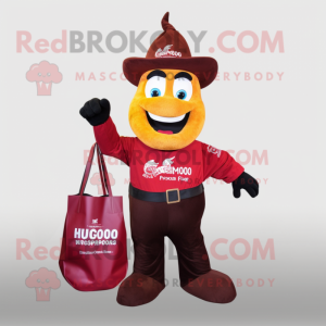 Maroon Fire Eater mascot costume character dressed with a Mom Jeans and Tote bags