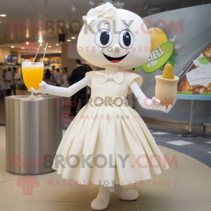 Cream Aglet mascot costume character dressed with a Cocktail Dress and Cummerbunds