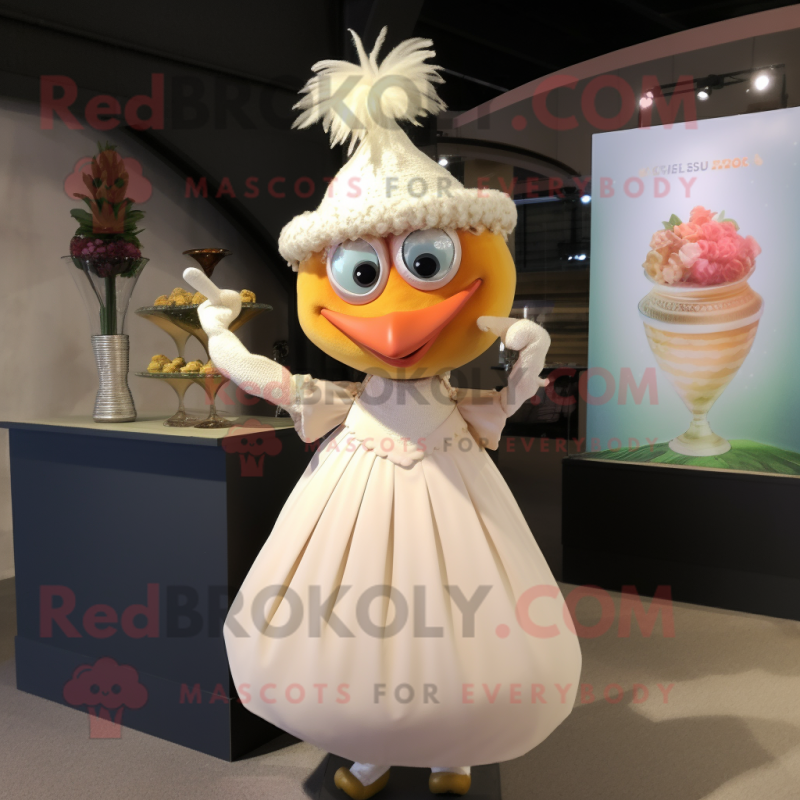 Cream Aglet mascot costume character dressed with a Cocktail Dress and Cummerbunds