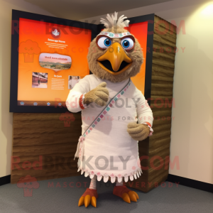 Beige Tandoori Chicken mascot costume character dressed with a Board Shorts and Shawl pins