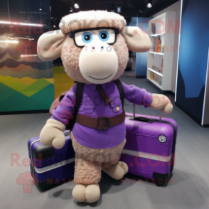 Purple Sheep mascot costume character dressed with a Corduroy Pants and Briefcases