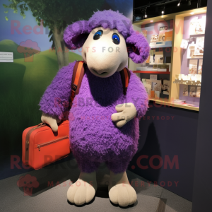 Purple Sheep mascot costume character dressed with a Corduroy Pants and Briefcases