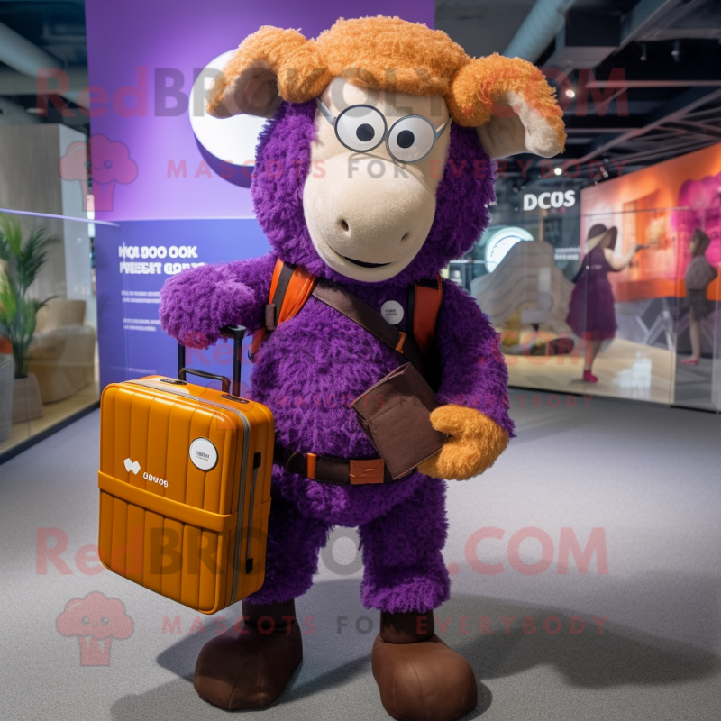 Purple Sheep mascot costume character dressed with a Corduroy Pants and Briefcases