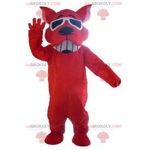 Rotes Hundemaskottchen, das mit Sonnenbrille lächelt -