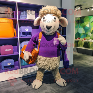 Purple Sheep mascot costume character dressed with a Corduroy Pants and Briefcases