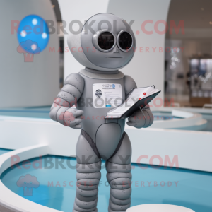 Gray Astronaut mascot costume character dressed with a One-Piece Swimsuit and Reading glasses