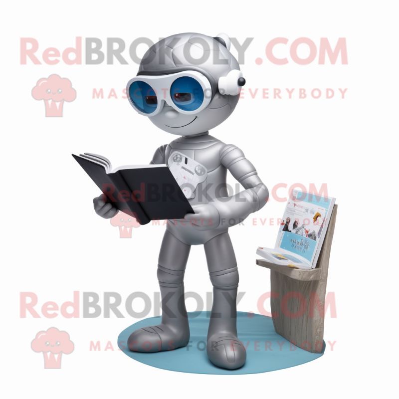 Gray Astronaut mascot costume character dressed with a One-Piece Swimsuit and Reading glasses Gray Astronaut mascot costume character dressed with a One-Piece Swimsuit and Reading glasses