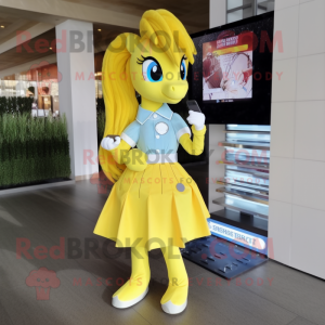 Lemon Yellow Mare mascot costume character dressed with a Pleated Skirt and Digital watches