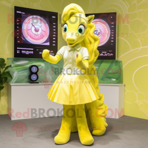 Lemon Yellow Mare mascot costume character dressed with a Pleated Skirt and Digital watches
