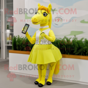 Lemon Yellow Mare mascot costume character dressed with a Pleated Skirt and Digital watches