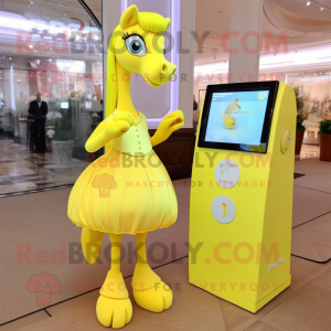 Lemon Yellow Mare mascot costume character dressed with a Pleated Skirt and Digital watches