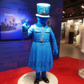 Blue Soldier mascot costume character dressed with a Pleated Skirt and Cufflinks