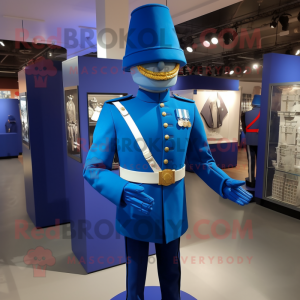 Blue Soldier mascot costume character dressed with a Pleated Skirt and Cufflinks