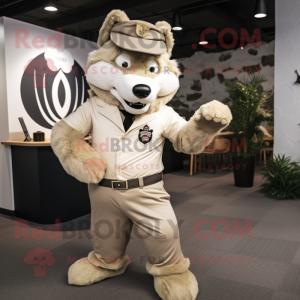 Beige Wolf mascot costume character dressed with a Jumpsuit and Lapel pins