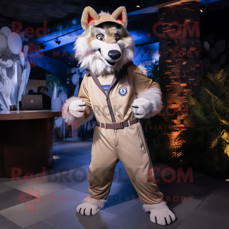Beige Wolf mascot costume character dressed with a Jumpsuit and Lapel pins Beige Wolf mascot costume character dressed with a Jumpsuit and Lapel pins