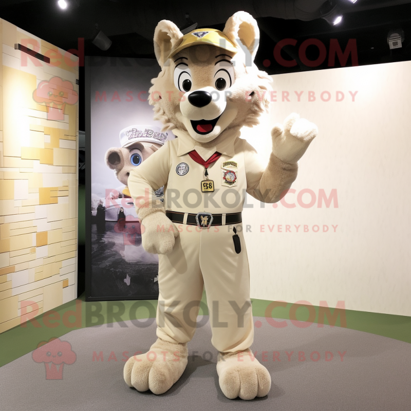 Beige Wolf mascot costume character dressed with a Jumpsuit and Lapel pins