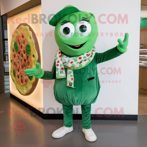 Green Pizza mascot costume character dressed with a Boyfriend Jeans and Shawl pins