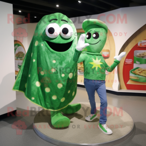 Green Pizza mascot costume character dressed with a Boyfriend Jeans and Shawl pins