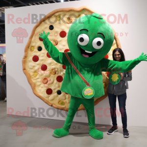 Green Pizza mascot costume character dressed with a Boyfriend Jeans and Shawl pins