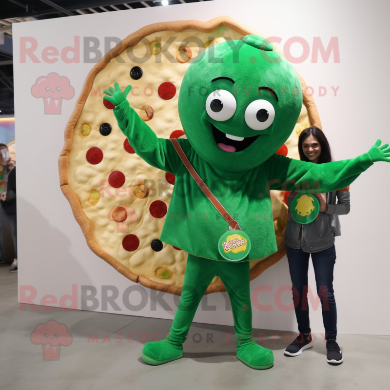 Green Pizza mascot costume character dressed with a Boyfriend Jeans and Shawl pins Green Pizza mascot costume character dressed with a Boyfriend Jeans and Shawl pins