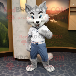 Silver Fox mascot costume character dressed with a Polo Tee and Shoe laces