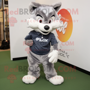 Silver Fox mascot costume character dressed with a Polo Tee and Shoe laces
