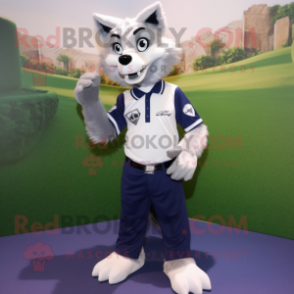 Silver Fox mascot costume character dressed with a Polo Tee and Shoe laces