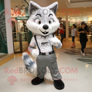 Silver Fox mascot costume character dressed with a Polo Tee and Shoe laces