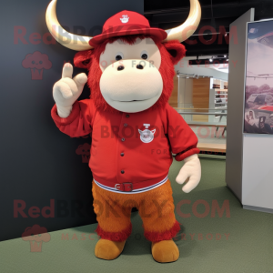 Red Yak mascot costume character dressed with a Baseball Tee and Berets