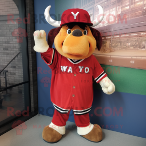 Red Yak mascot costume character dressed with a Baseball Tee and Berets