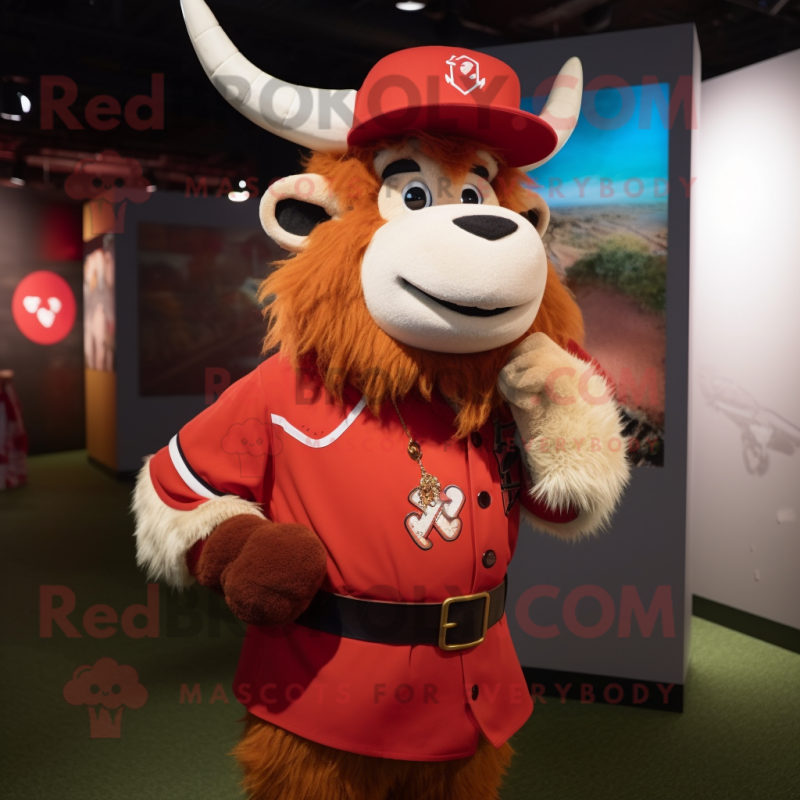 Red Yak mascot costume character dressed with a Baseball Tee and Berets Red Yak mascot costume character dressed with a Baseball Tee and Berets