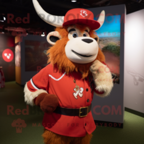 Red Yak mascot costume character dressed with a Baseball Tee and Berets