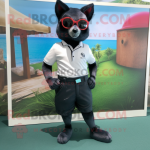 Black Fox mascot costume character dressed with a Bermuda Shorts and Sunglasses