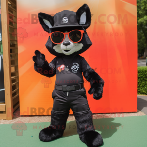 Black Fox mascot costume character dressed with a Bermuda Shorts and Sunglasses