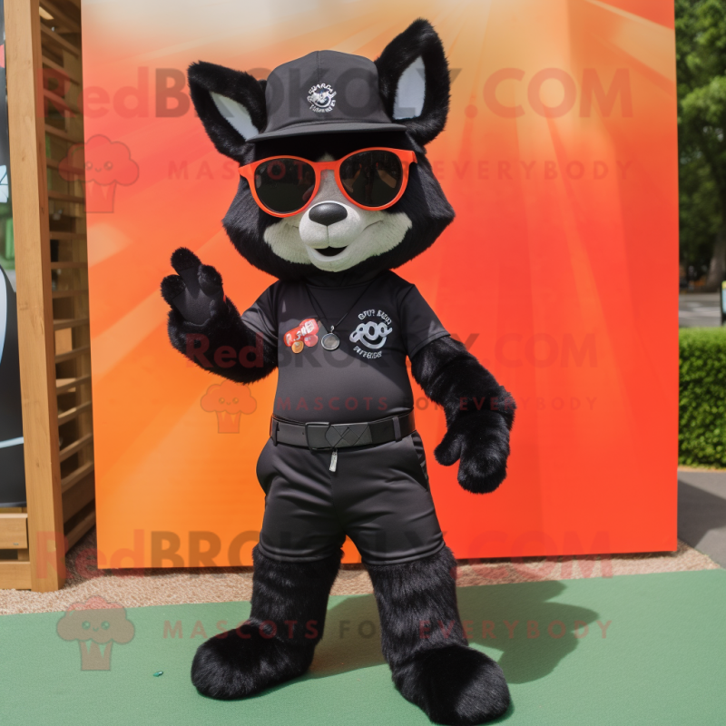 Black Fox mascot costume character dressed with a Bermuda Shorts and Sunglasses Black Fox mascot costume character dressed with a Bermuda Shorts and Sunglasses
