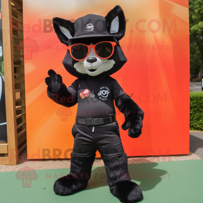 Black Fox mascot costume character dressed with a Bermuda Shorts and Sunglasses