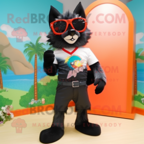 Black Fox mascot costume character dressed with a Bermuda Shorts and Sunglasses