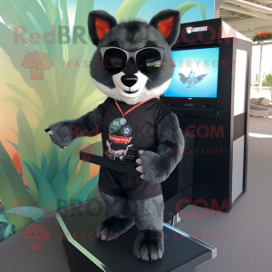 Black Fox mascot costume character dressed with a Bermuda Shorts and Sunglasses