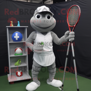 Gray Tennis Racket mascot costume character dressed with a Turtleneck and Hats