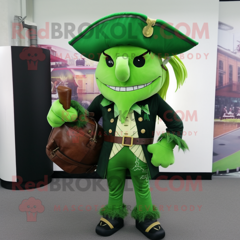 Green Pirate mascot costume character dressed with a Shift Dress and Messenger bags